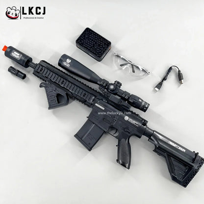 Exquisite Engraving HK417 Gel Blaster High Rate of Fire  Smooth Shooting With 7 Colors of Lighted Silencer